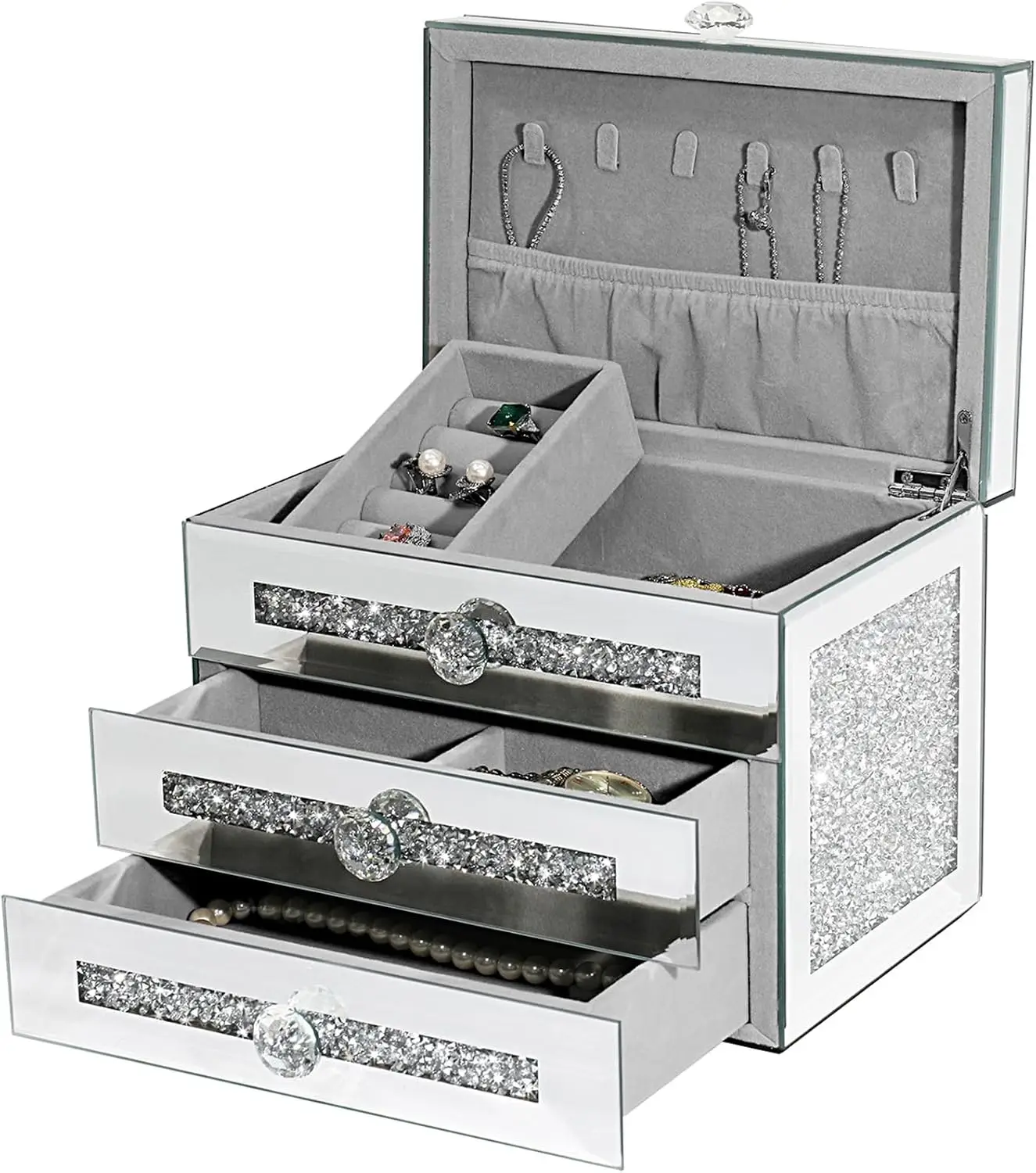 Jewelry Box, 3-Layer Glass Jewelry Organizer with Lid & 2 Drawers, Silver Crushed Diamond Home Decor, Fancy Gift for Her (9.3" L x 6.3" W x 7.1" H)