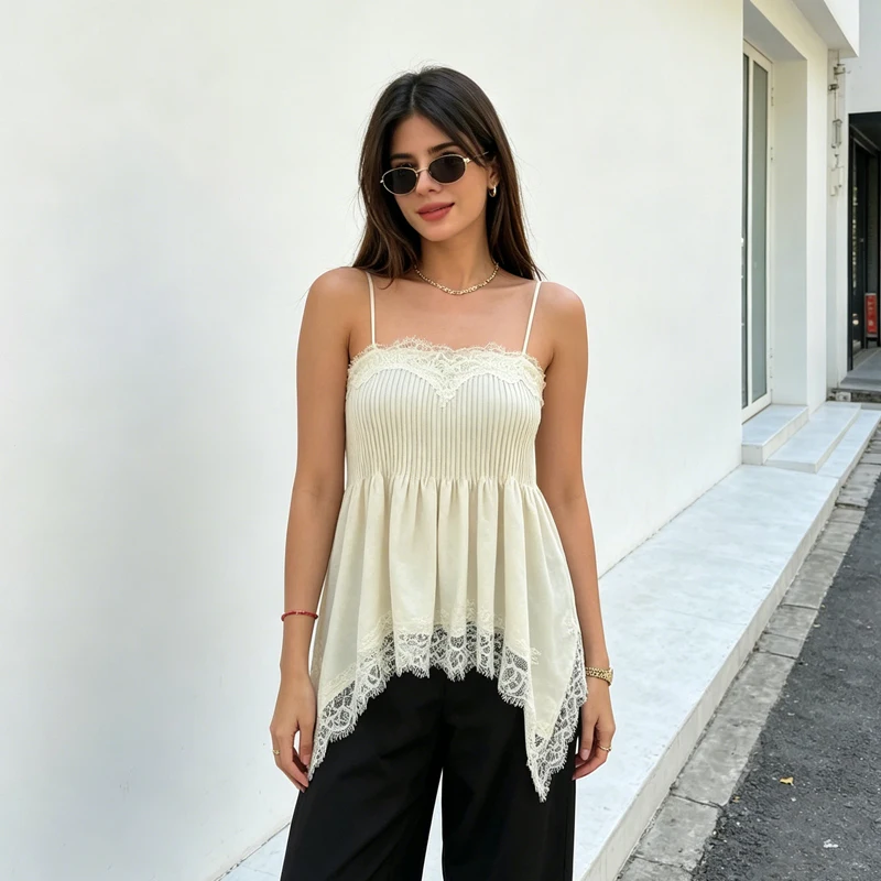MUJER Plissiertes Spitzen-Camisole-Top für Damen Sommer 2026 – Sexy rückenfreies Top mit Trägern im Street-Style für den Abgang ins Ausgehen – Detail 4