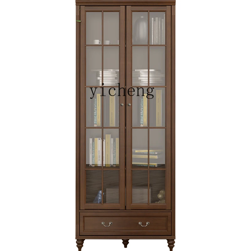 

Tqh Solid Wood Stand Bookcase with Glass Door Household Storage Cabinet Shelf