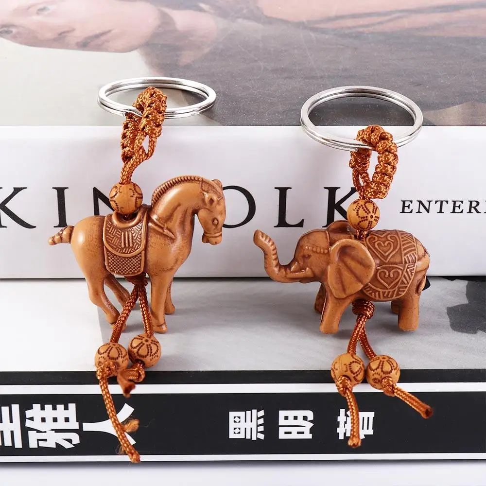 Carving Cartoon Key Ring Bag Charm Chinese Knot Pendant Lucky Horse Keychain Key Holder Lucky Horse Keyring Weaving Key Chains