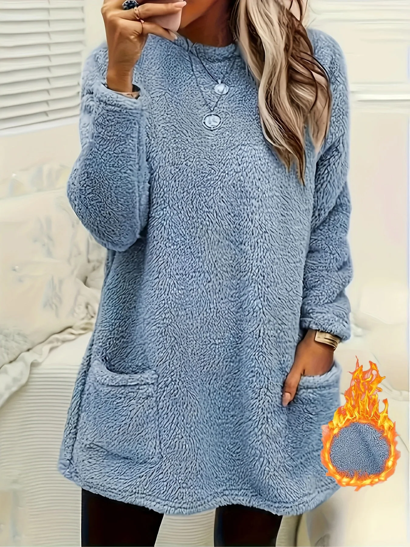 Woman Fleece Lined Crew Neck Long Sleeve Tunic Tops Warm Sherpa Pullover with Pockets Autumn Winter Casual Sweatshirt