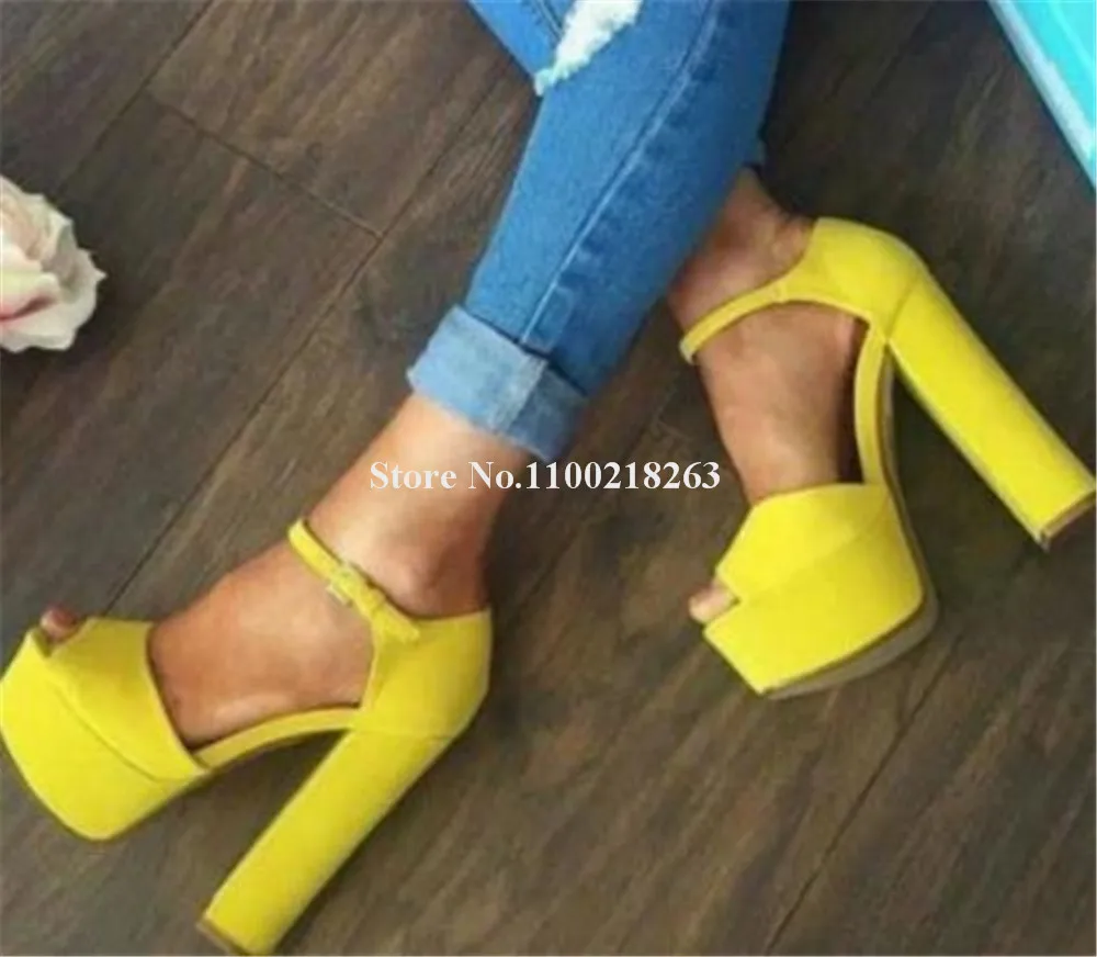 Fashion Yellow Suede Thick Heel Sandals Sexy Peep Toe High Platform Chunky Heel Ankle Strap Dress Shoes Party Pumps Big Size