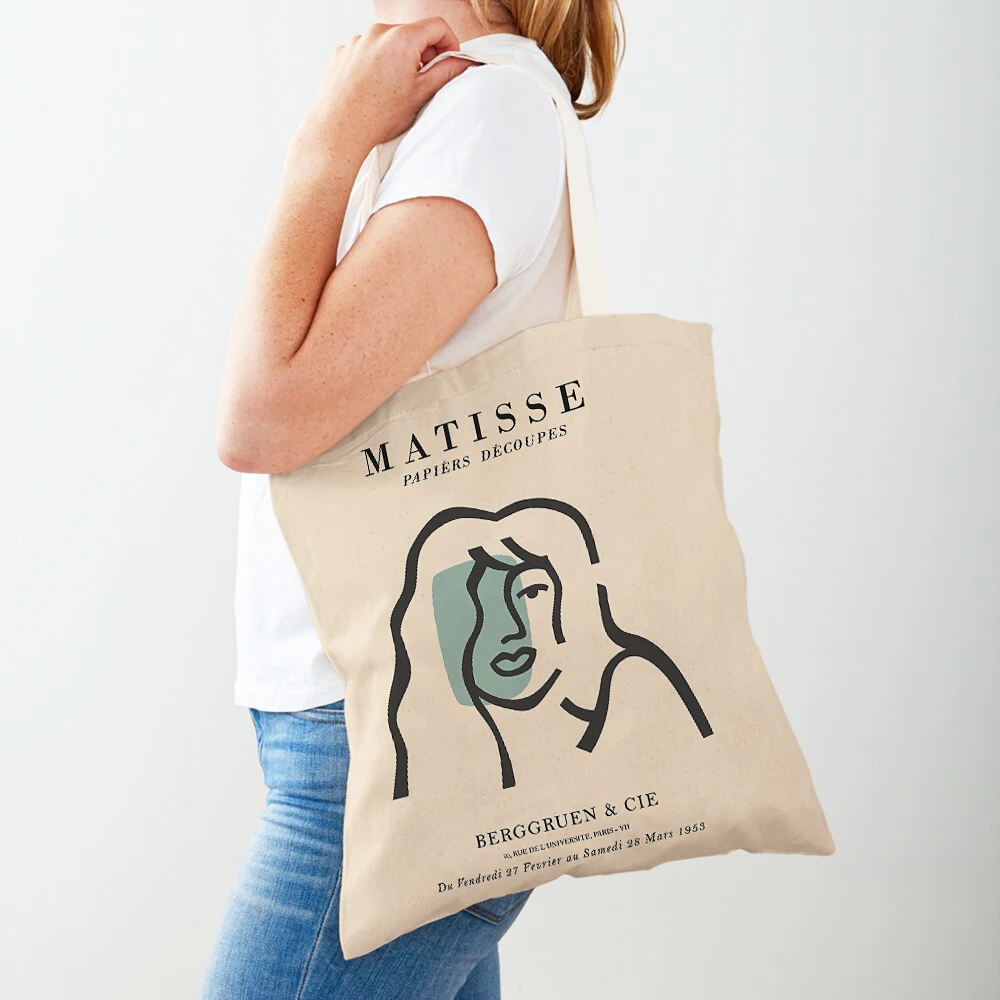 

Abstract Matisse Line Face Girl Coral Sun Nordic Women Shopping Bags Reusable Both Sided Print Casual Canvas Shopper Bag Tote