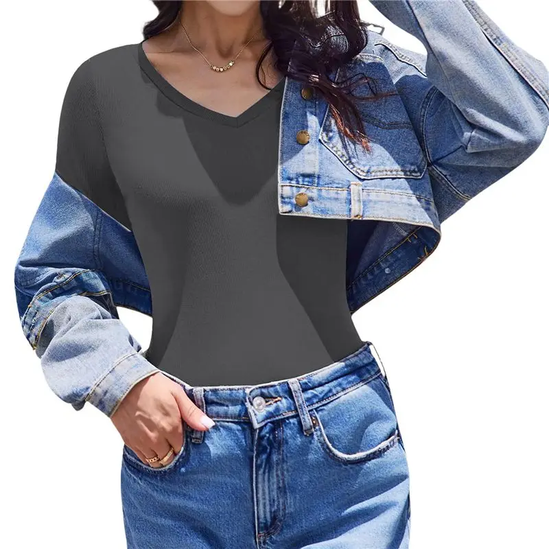 

CYL-Womens Long Sleeve V Neck Ribbed Knit Fitted Casual Tops Tee Slim Basic Shirt