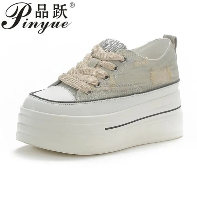 6cm canvas Genuine Leather Platform Sneakers Wedge Super High Heel Women Casual Shoes Chunky Rhinestone Vulcanized shoes 33 40