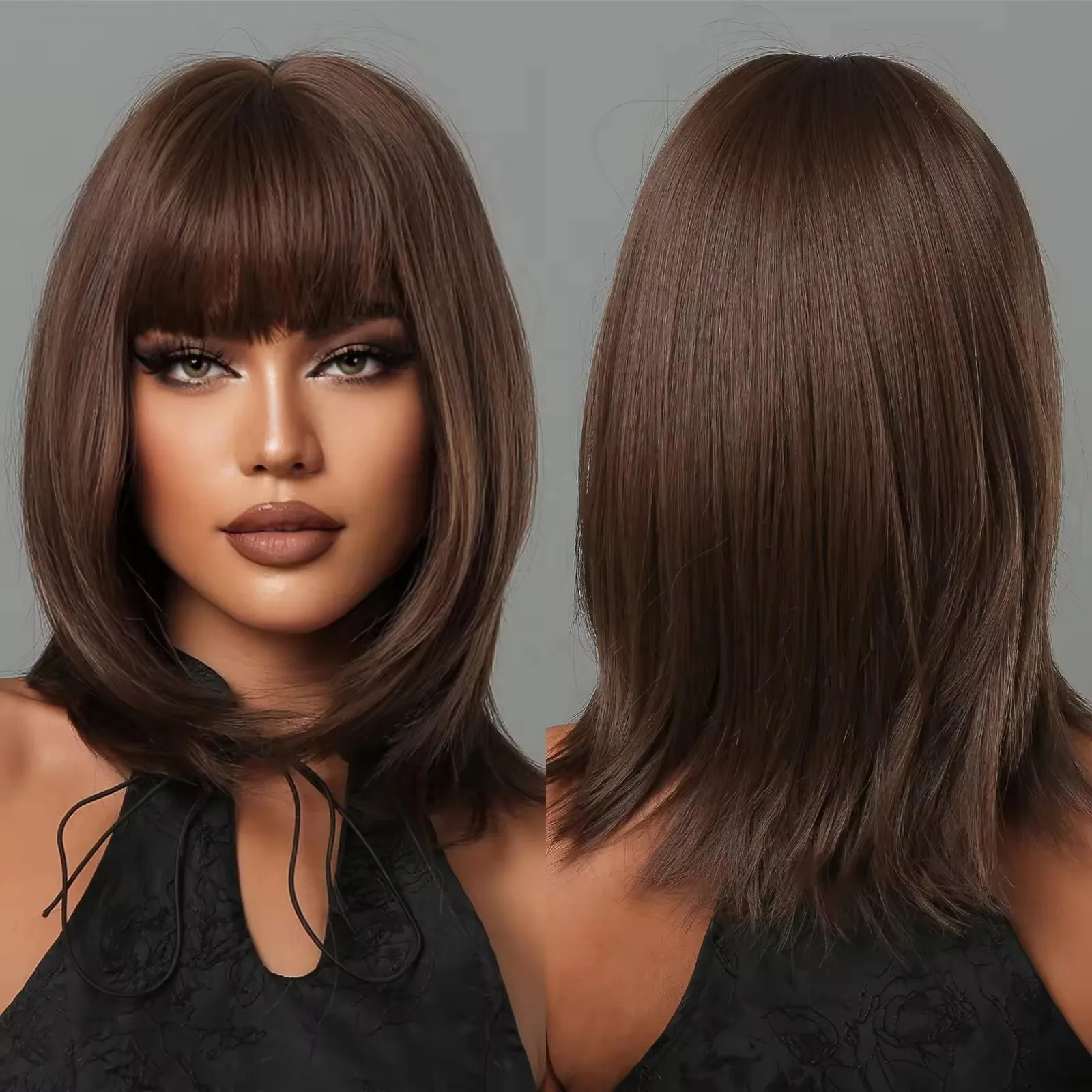 Choc Brown Costume Wigs With Bangs Bob Straight Synthetic Hair Women Soft