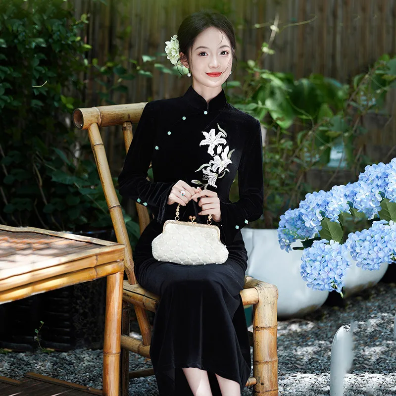 

Новинка 2025 года, улучшенное повседневное черное осеннее платье Cheongsam, новое осеннее платье в молодежном стиле, элитное ретро-ципао