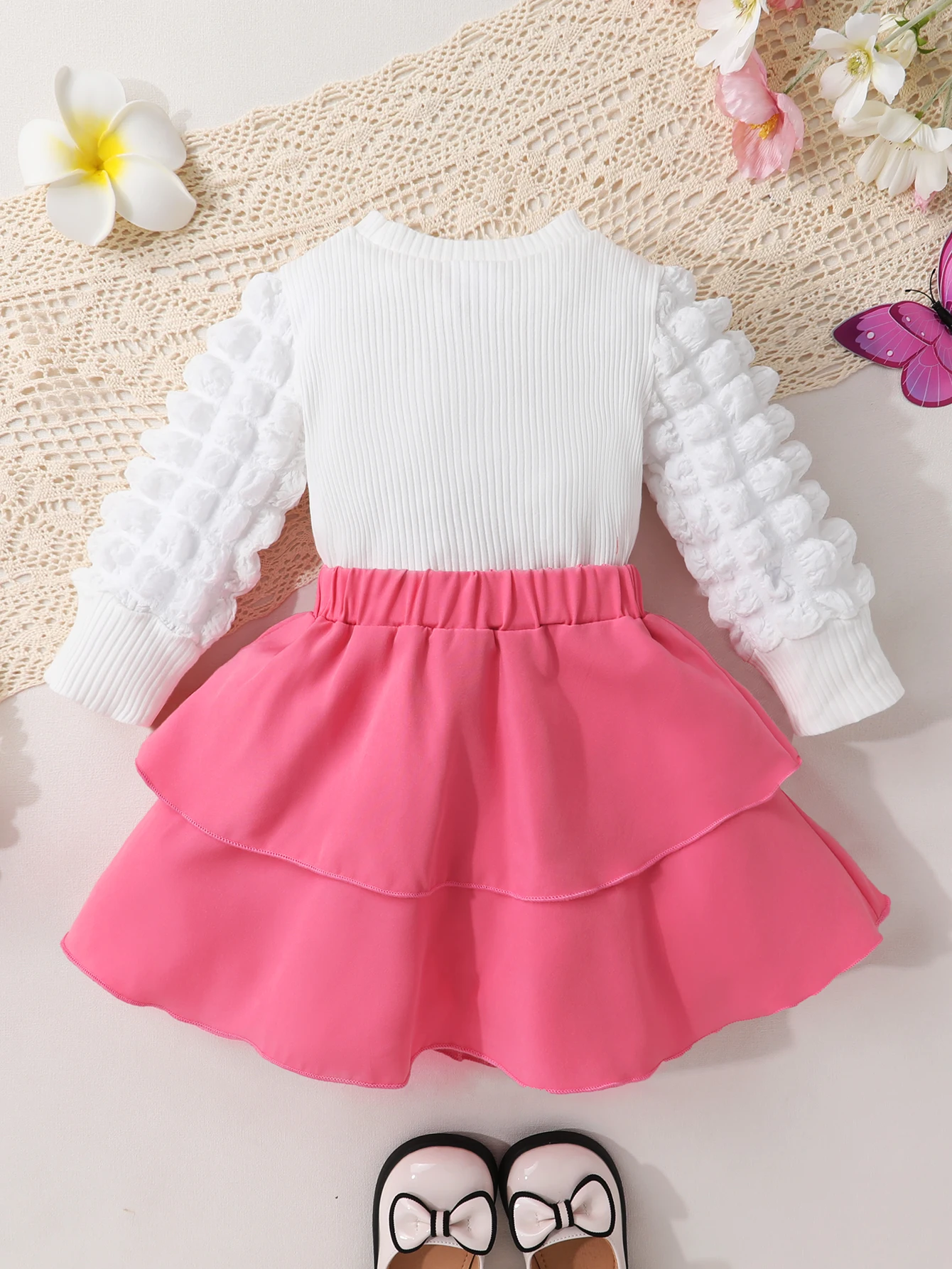 Girls Cute 2pcs Set, Ribbed Long Sleeve Top With 3D Bowknot & Ruffle Hem Mini Skirt In Pink, Autumn/Winter