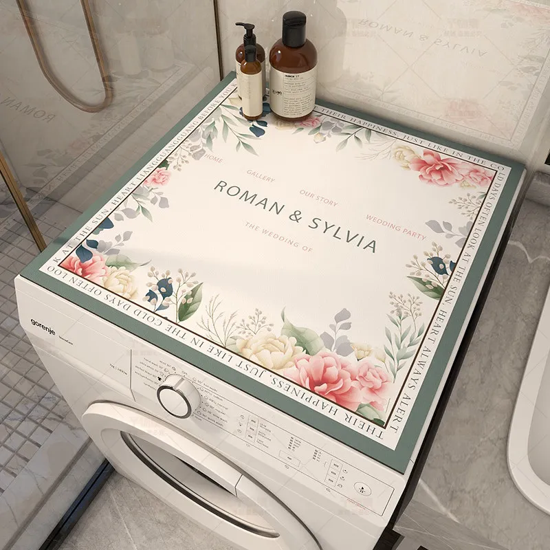 VIKAMA French Wedding Floral Washing Machine Cover Mat Green Frame Letter Print Waterproof Anti Dust Laundry Dryer Pad Dust