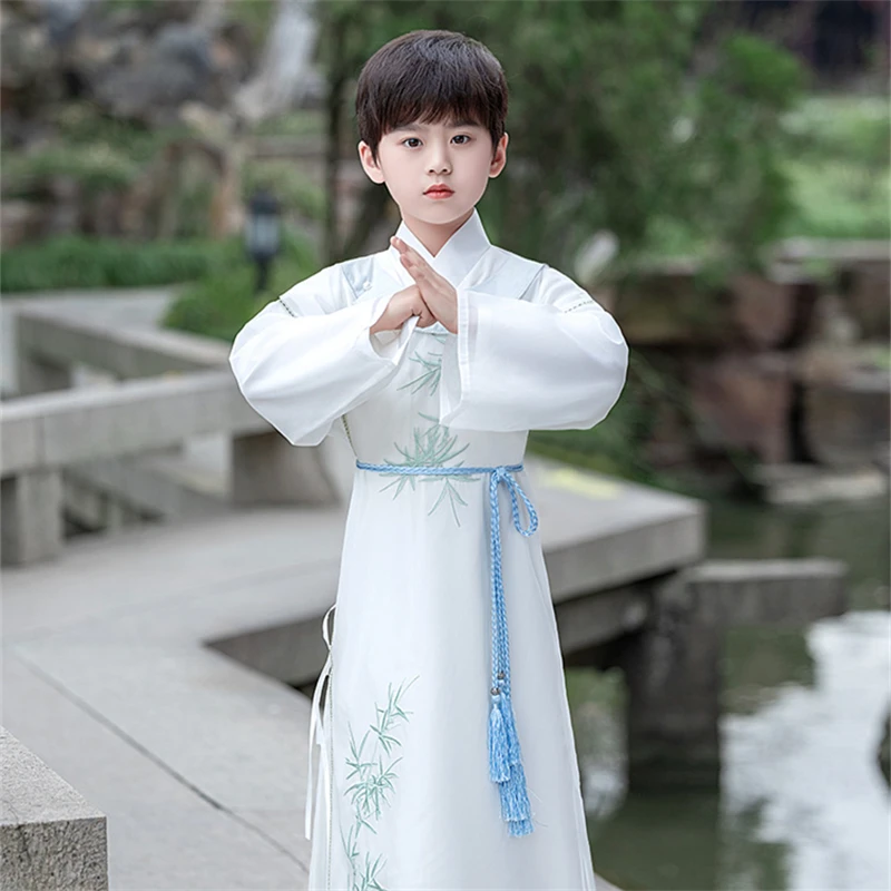 Classical Chinese Style Clothing Bamboo Leaf Embroidery Costume Retro Elegant Long Gown Festival Performance Attire for Boys