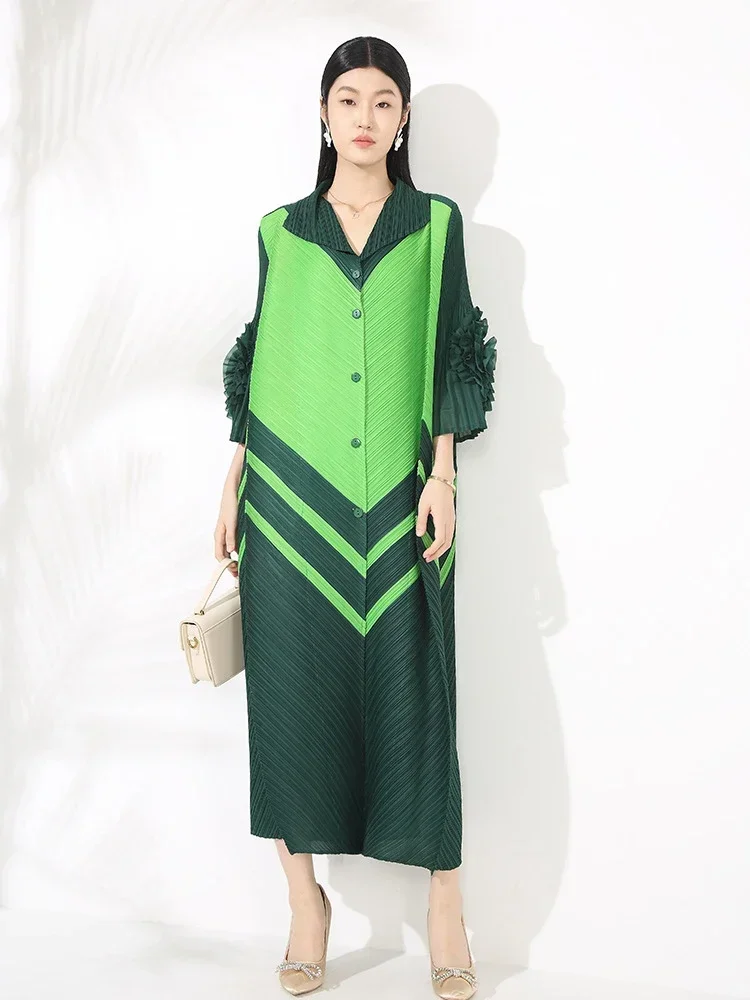 

ANLAN Colorblock Laple Floral Buckle Three Quarter Sleeves Pleated Cardigan Dress Women's 2025 New Chic Single Breasted Clothing