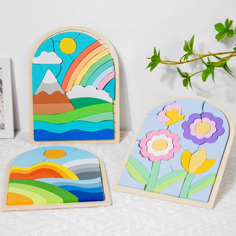 Wooden 3D creative puzzle, three-dimensional shaped blocks, rainbow/hill/flower scenes, Montessori Early Learning 2-6 years old