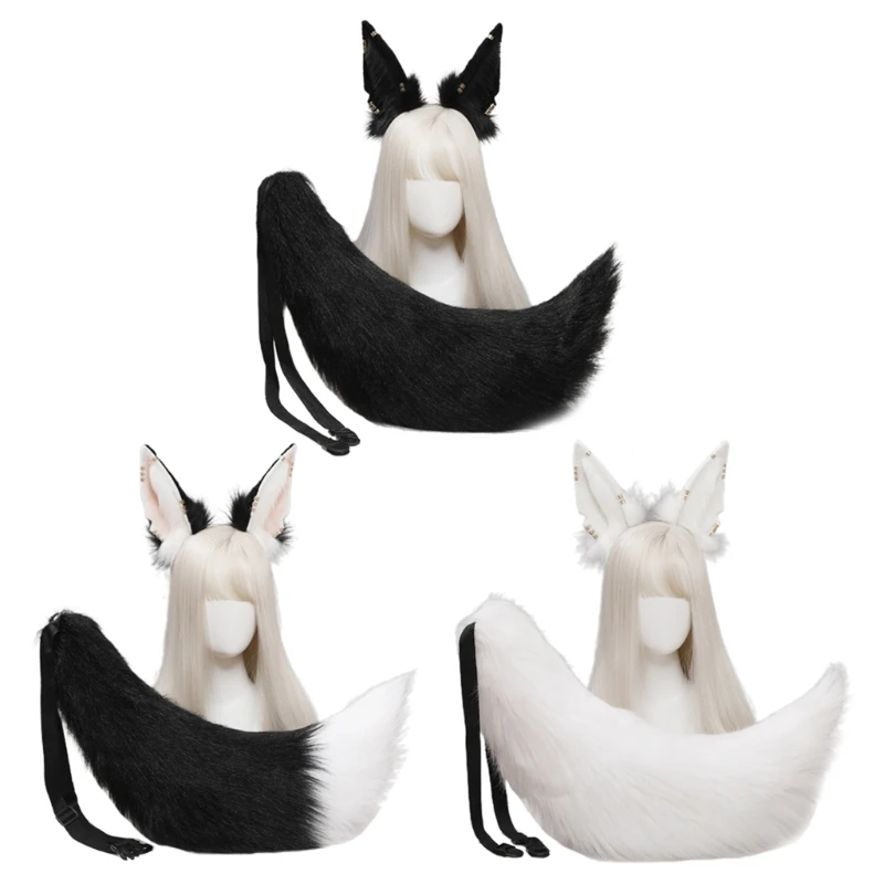 Orecchie di lupo animale copricapo Set di coda Set di costumi fatti a mano in peluche Anime per Halloween accessori Cosplay di natale