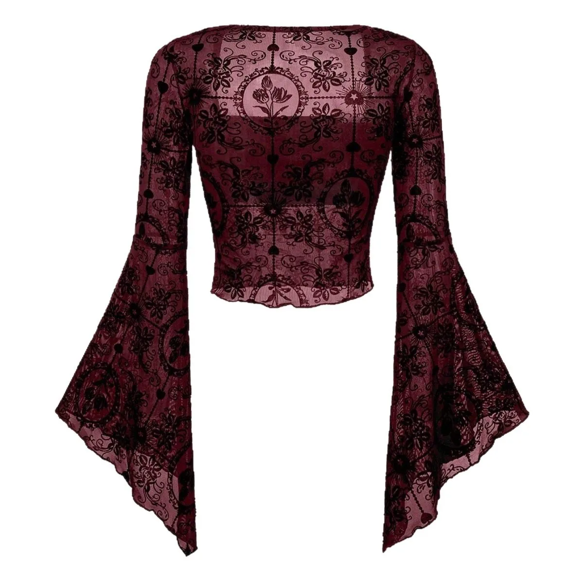 Bell Sleeve Long Sleeve Top Slim Fit with Pullover T Shirts European and American Style Flocked Streetwear Autumn for Women