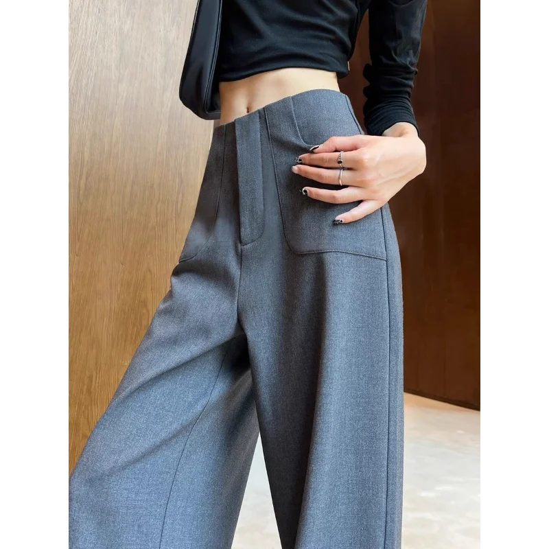 Celana Setelan Abu-abu Wanita Pinggang Tinggi Musim Semi Musim Panas Baru Kasual Kaki Lebar Terkulai Kerja Lurus Malas