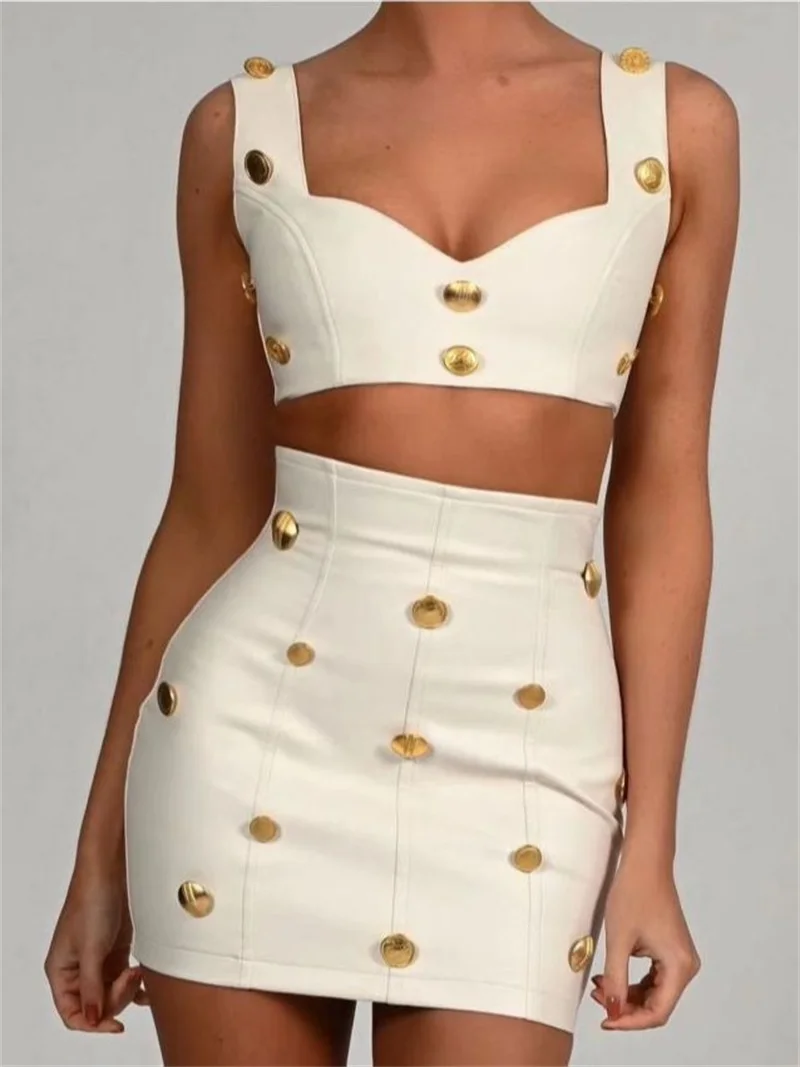 Leather Short Prom Dress Sweetheart Gold Buttons Mini Mermaid Hot Girl Party Gown Celebrity Cocktail 2 Pieces Set In Stock