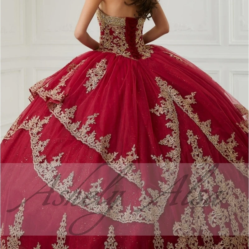 Robe de Bal Élégante en Dentelle Dorée pour Femme, Tenue de ixd'Anniversaire, Vin Rouge