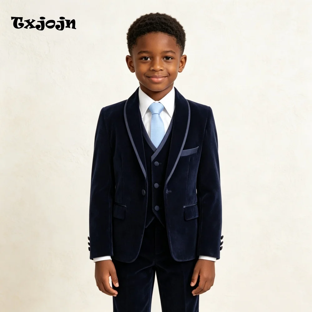 Formal Suit for Boys Wedding Tuxedo 3 Piece Velvet Jacket Vest Pants for Event Kids Blazer Set Slim Fit Tailored Outfit