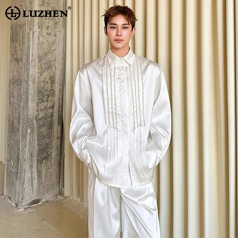 

LUZHEN повседневные 2026, новые элегантные модные рубашки в стиле пэчворк с рюшами, мужские оригинальные однотонные мужские топы с длинными рукавами JY5941