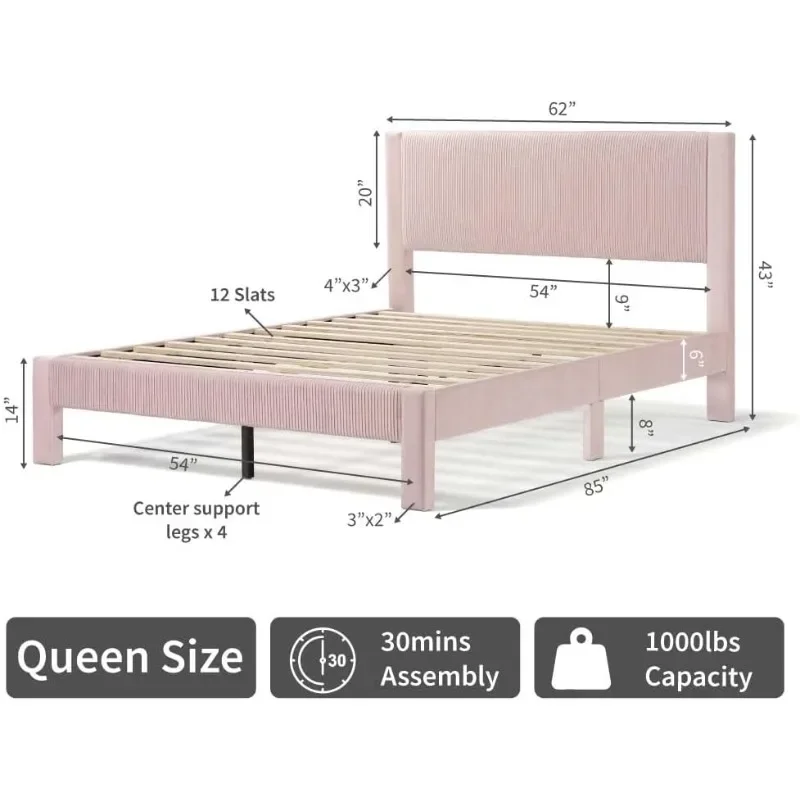 Freya-Modern Velvet Plataforma Cama Moldura com Cabeceira Estofada, Suporte De Ripas De Madeira Para Quarto, Queen Size, Canal