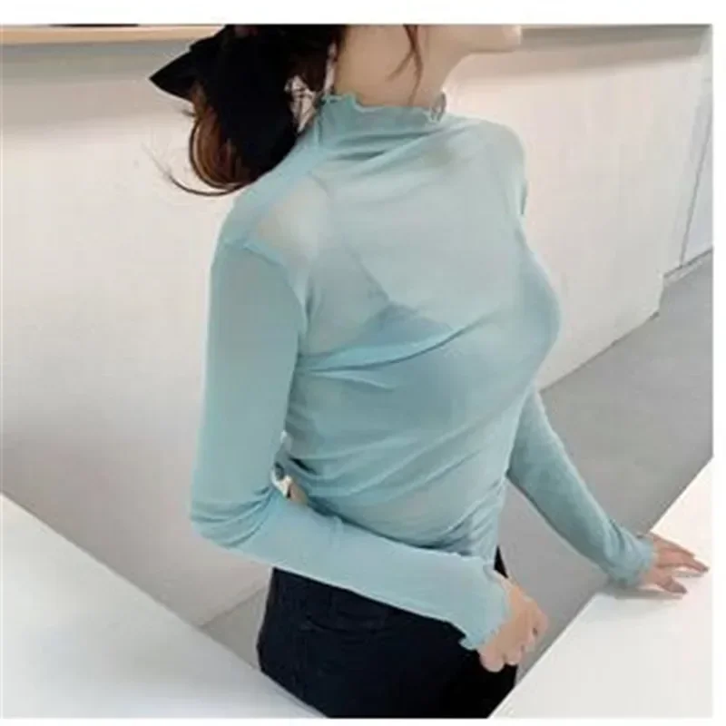 

2024 New Girls Mesh T Shirts Tees Female Spring Summer Transparent Full Sleeve Turtleneck Thin Shirt Tops Undershirts Women Gift