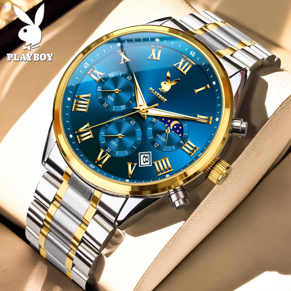 

Мужские часы PLAYBOY 24 Hour Moon Phase, хронограф, водонепроницаемые, светящиеся, классические, с римскими цифрами, кварцевые наручные часы 3091
