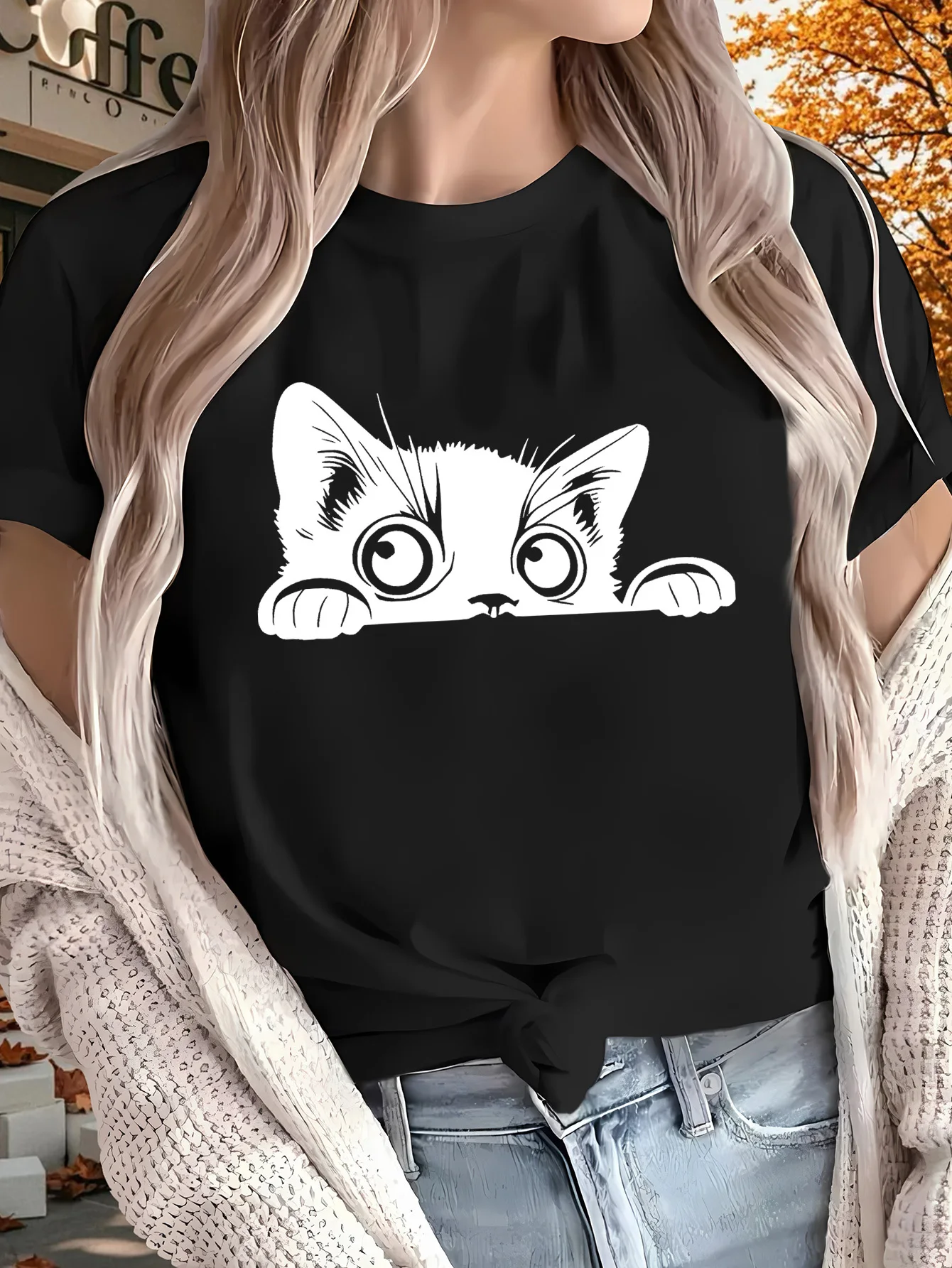 

Cute Cat Pattern Printed Tshirt Casual Sleeve Round Neck Top Comfortable Daily Fashion Women's Summer Clothing Aesthetic Clothes