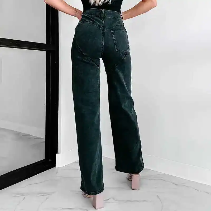 Sexy Diamant Holle Hoge Taille Jeans Vrouwen Modieuze Casual Broek Elegante Slanke Knoop Gat Rechte Pijpen Broek Streetwear Vrouwen