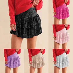 Shiny Sequin Short Skirt Y2k Party Club Glitter High Waist Skirts Female Street Wear Sexy Solid Color Pleated Skirt 2024 платье