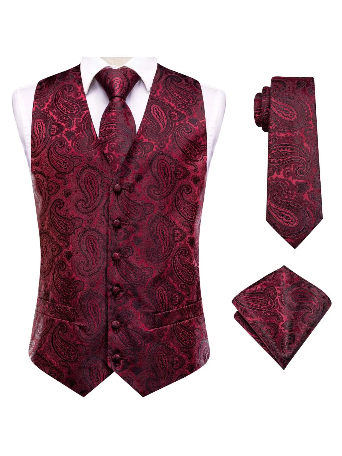 VERVEROW Men Floral Paisley Suit Vest Set Burgundy Jacquard Waistcoat Matching Necktie Handkerchief For Formal Occasion Prom