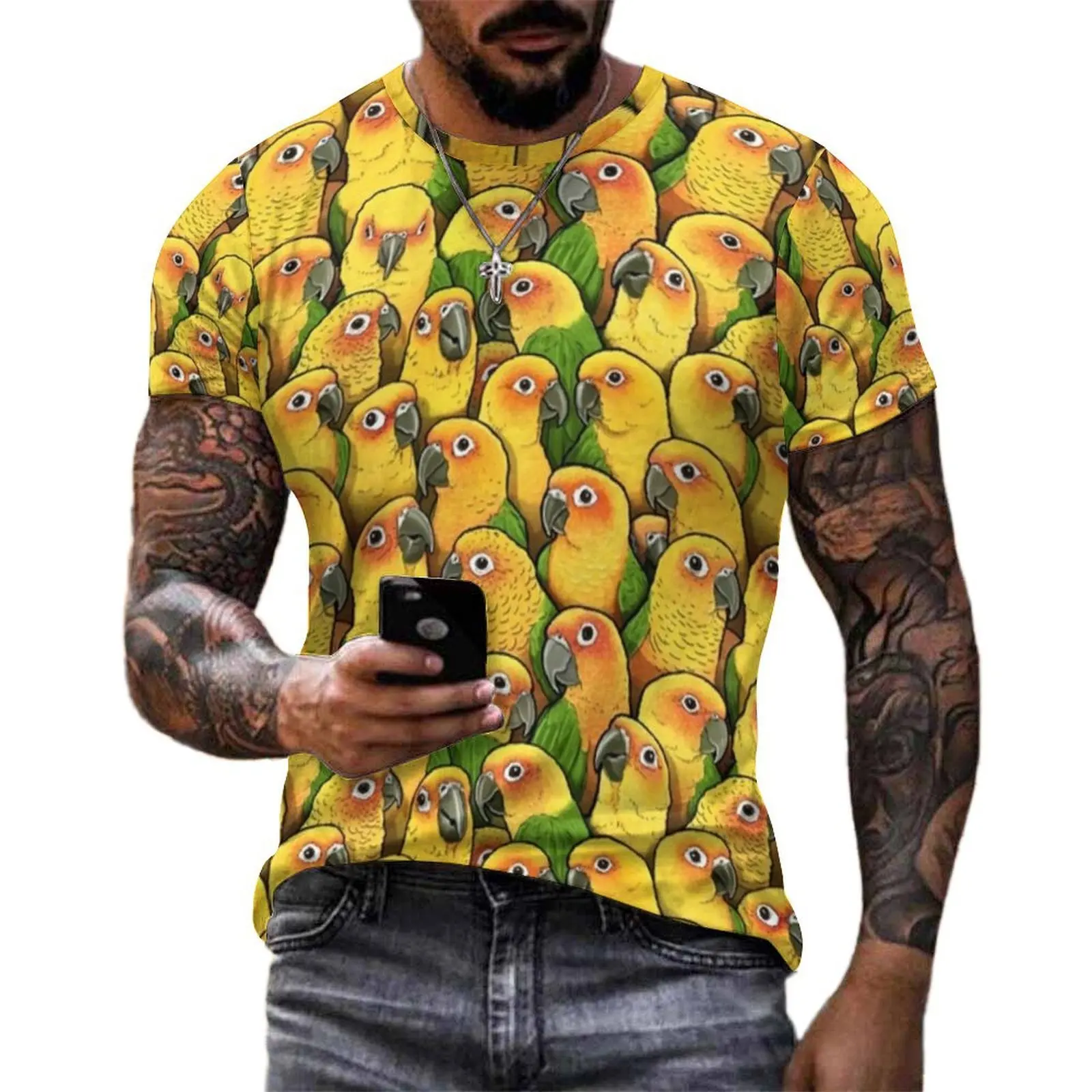 Yellow Parrot Print T Shirt Jenday Conures Vintage T Shirts Short Sleeve Graphic Tops Premium Streetwear Plus Size Tops