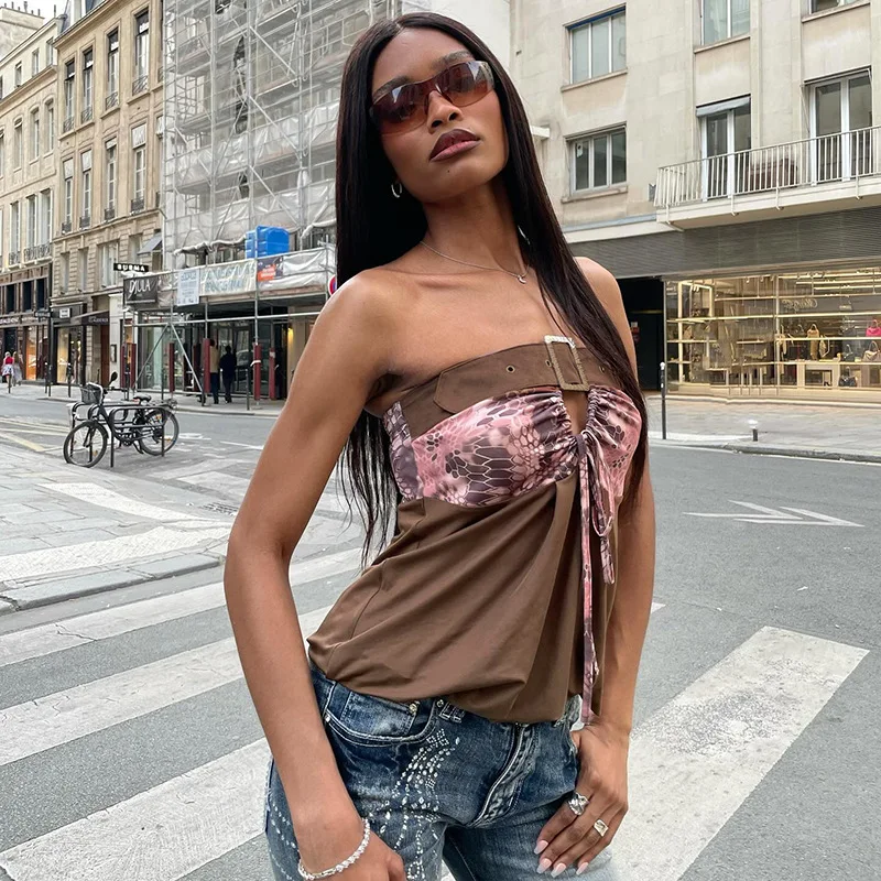 

Serpentine Print Patchwork Strapless Tank Tops Women Sexy Lace Up Hollow Out Grommet Belt Sleeveless Backless Streetwear Tees