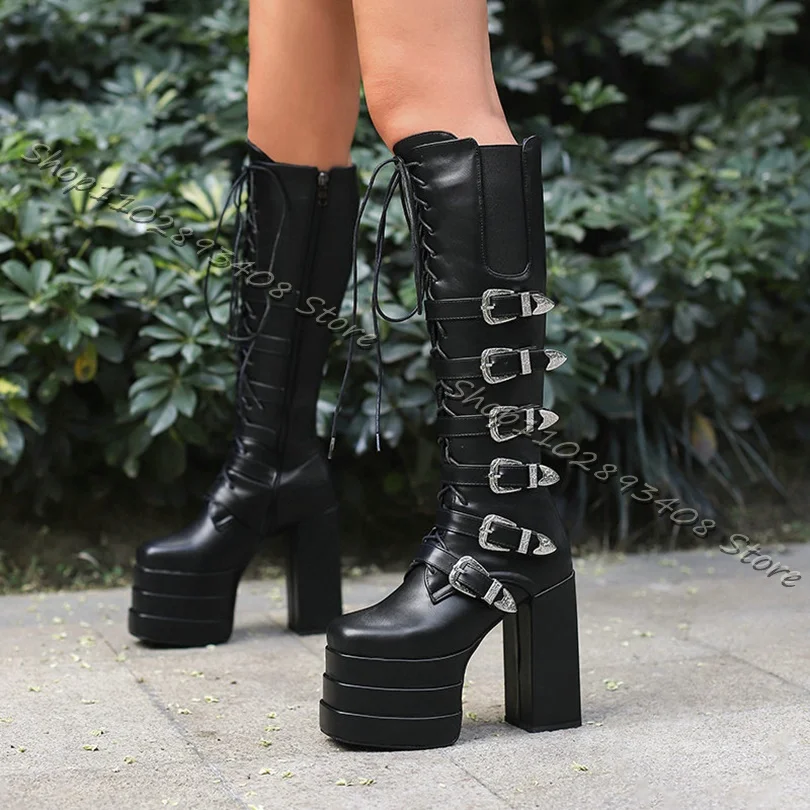 Black Platform Cross Band Boots Side Zipper Belt Buckle Thick High Heels Boots Women Autumn Party Shoes 2023 Zapatos Para Mujere