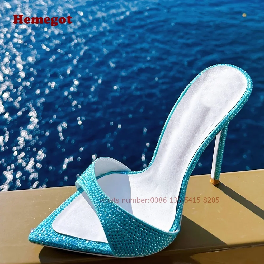 

Blue Rhinestones Splicing Slippers Pointy Toe Stiletto Heels Slip On Women's Slippers One Strap Summer 2024 Spicy Girls Luxury