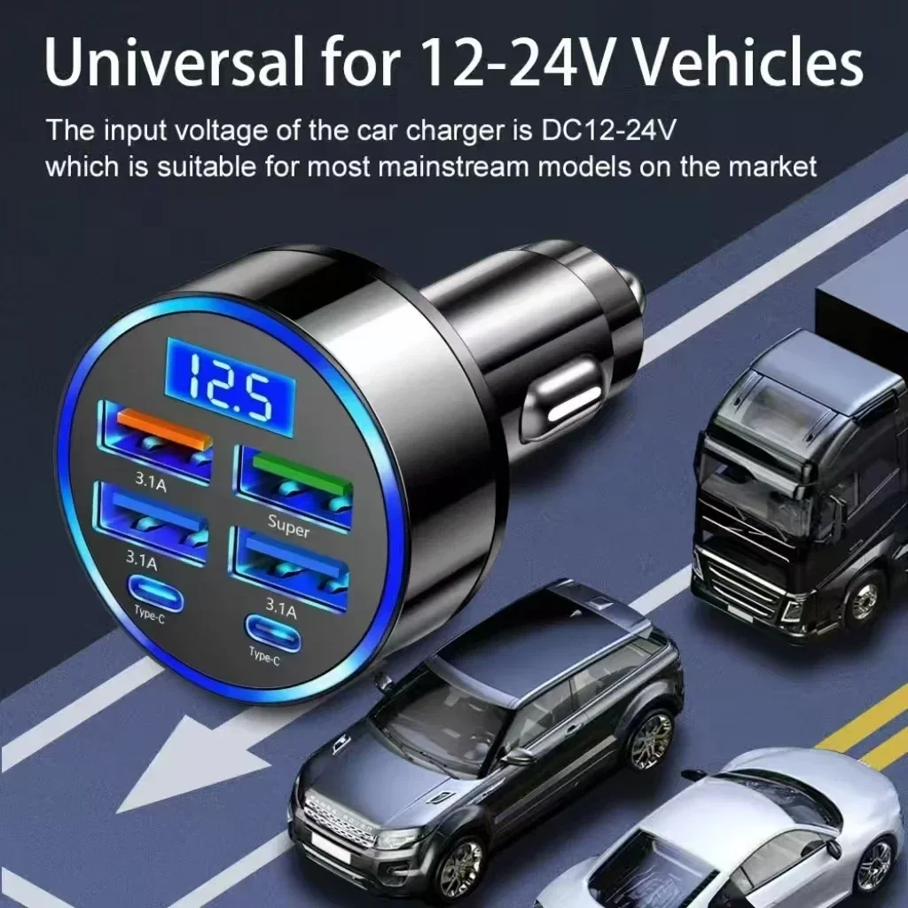 Universal Fast Car Charger 6 Ports USB Type C Multi-hole Cigarette Lighter Plug Quick Charge Portable In-car Auto Charger Device