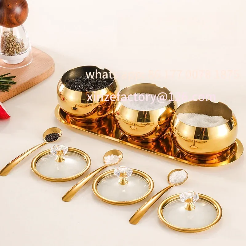

Customizable Serving Sugar Pepper Salt Spice Stainless Steel Sugar Bowl witGold and Silver Household Kitchen Condiment Pots for