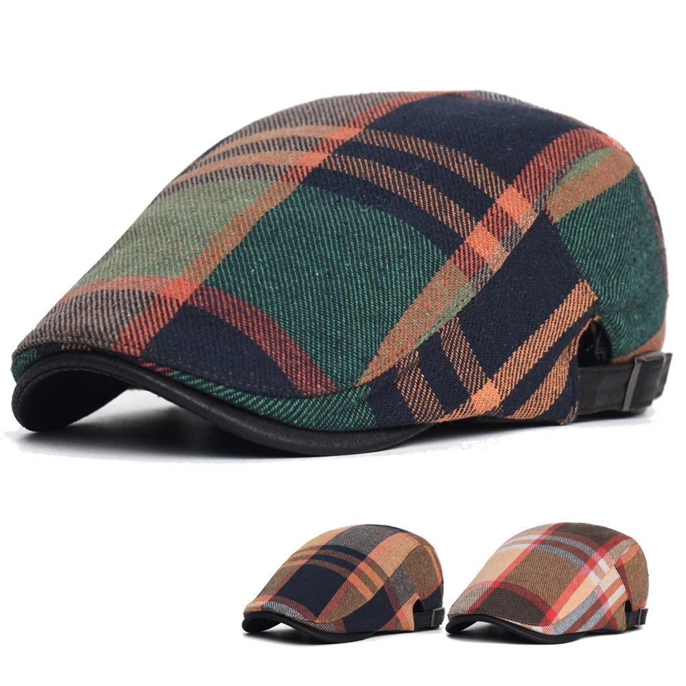 Plaid Newsboy Cap Men Women Four Seasons Vintage Casual Stripe Berets Gatsby Flat Hat Peaked Cap Adjustable