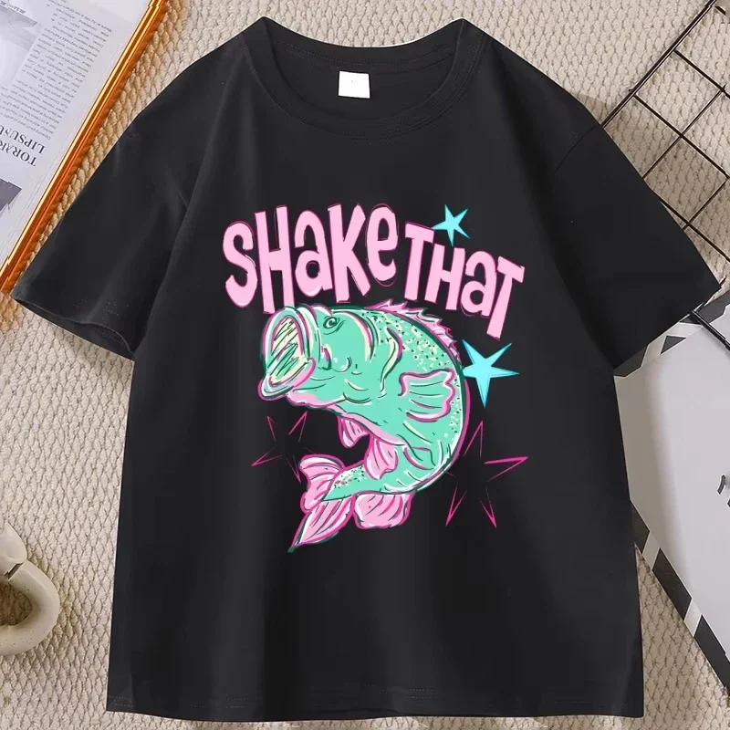 Kids Colorful Bass Fish Shake That Letter Graphic T Shirt Boys Girls Cartoon Animal Print Short Sleeve Tee Children Summer Tops