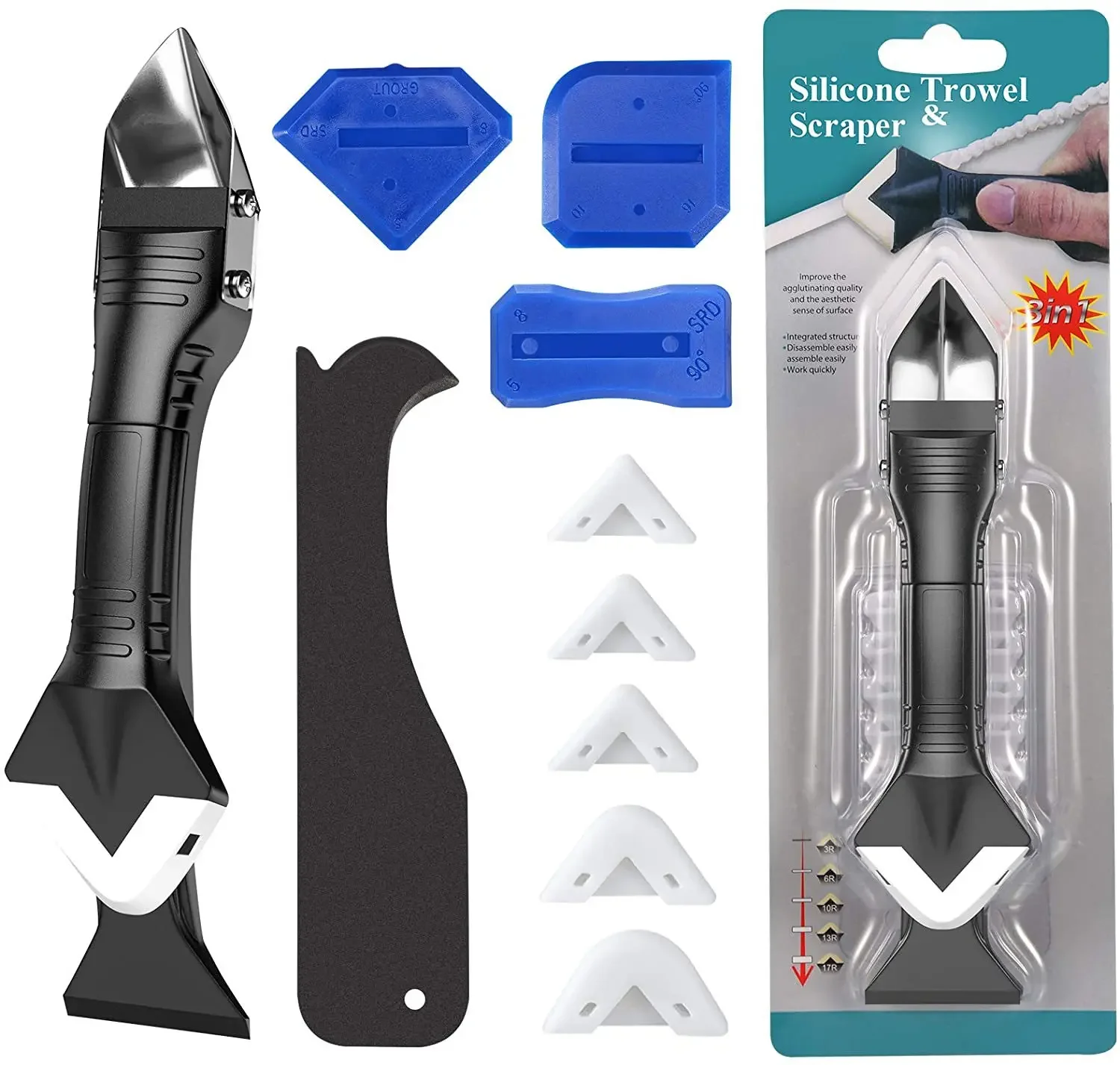 5 In1 Caulking Tool Kit Silicone Trowel Scraper Corner Finisher Sealant Grout Scraper for Kitchen Bathroom Window Sink Joint