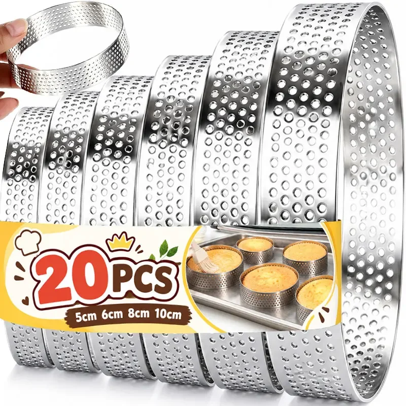 20-1PCS 430 Stainless Steel Round Perforated Tart Rings Mousse Cake Molds 5/6/8/10CM Pastry Ring for Fruit Tart Egg Tart Baking