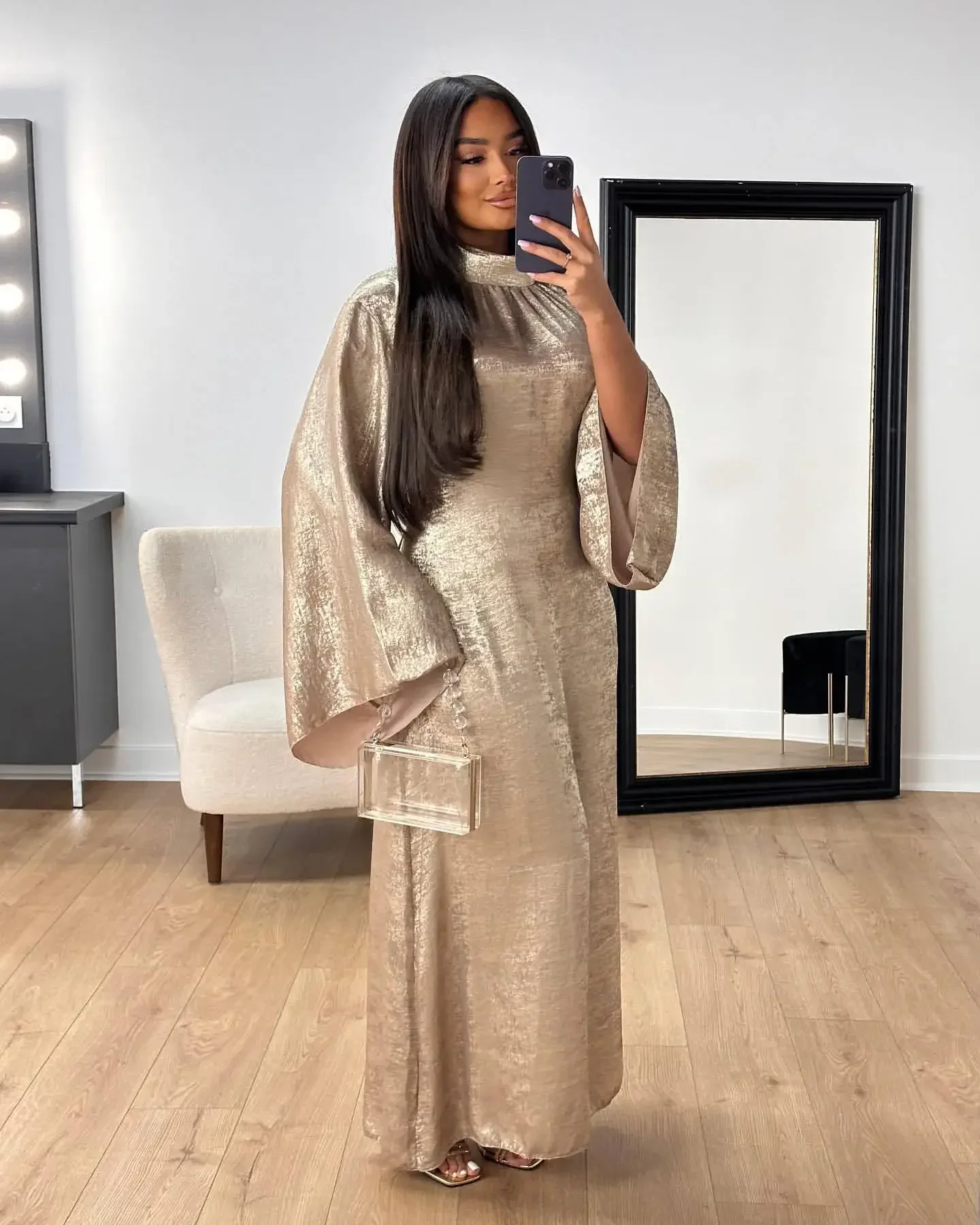 

Ramadan Flare Sleeve Satin Abaya Dubai Luxury Islam Muslim Kaftan Dresses Kebaya Abayas for Women Robe Musulmane Femme Vestidos