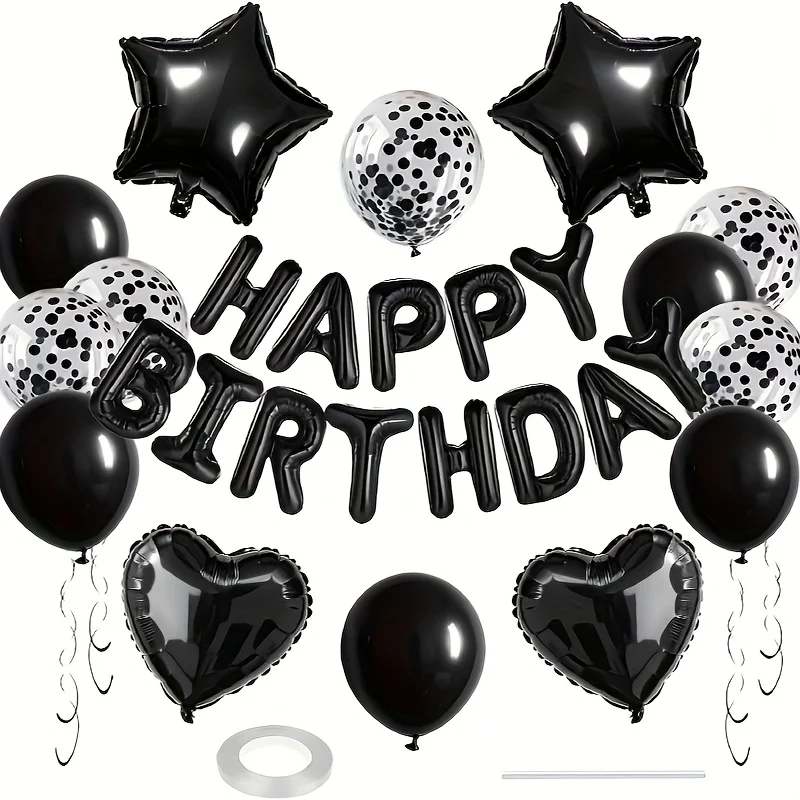 29-teiliges Happy-Ballon-Set zum Geburtstag mit schwarzem Buchstaben und fünfzackigen Sternen und Paillettenballon für Geburtstagsfeier-Dekorationszubehör