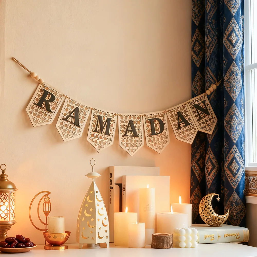 Wooden Letter Ramadan Banner Garland Rustic Bead Hanging Ornament Mubarak Banner 2026 Eid Ramadan Decoration