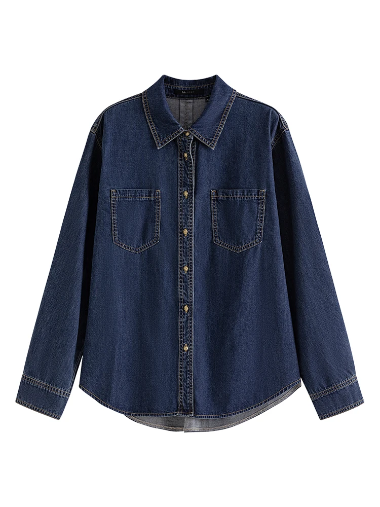 FSLE Deep Blue Soft Denim Shirt Women\'s Autumn Winter Long Sleeved Retro Casual Layered Shirt Blue Women Tops For Work