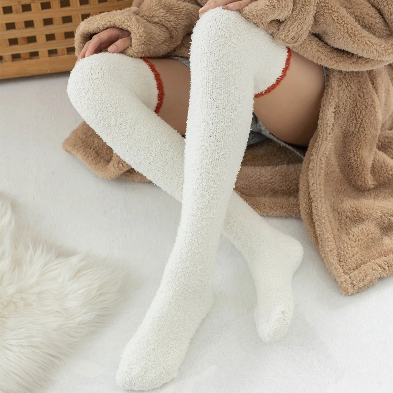 Long Winter Women Socks Warm Thigh High Stockings Coral Fleece Soft Fluffy Over Knee Socks Solid Candy color Sock Calcetines