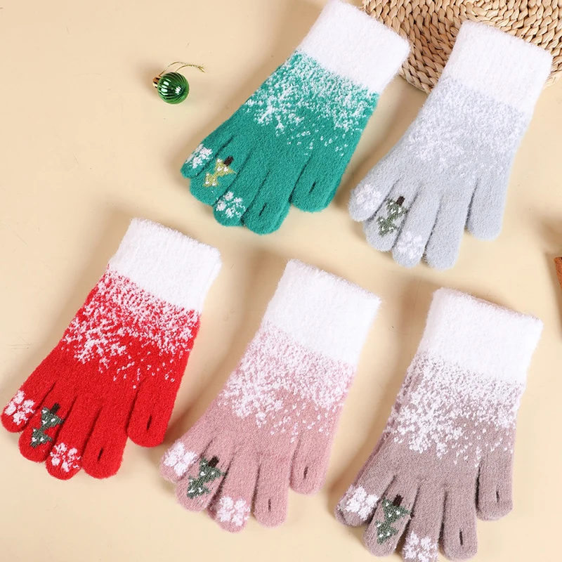 New Year Christmas Women Winter Thicken Dew Finger Touch Screen Warm Knitted Gloves