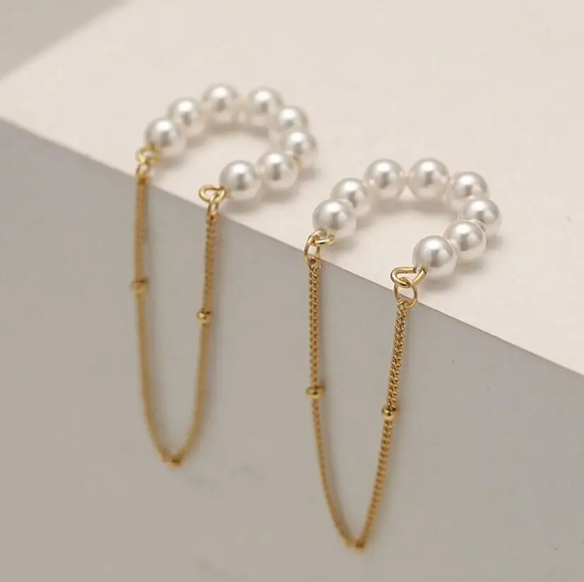 925 Sterling Silver Fashion Unique Pearl Chain Ear Clip On Earrings for Women Hip Hop Without Piercing Jewelry Ear Cuff BKEJ639