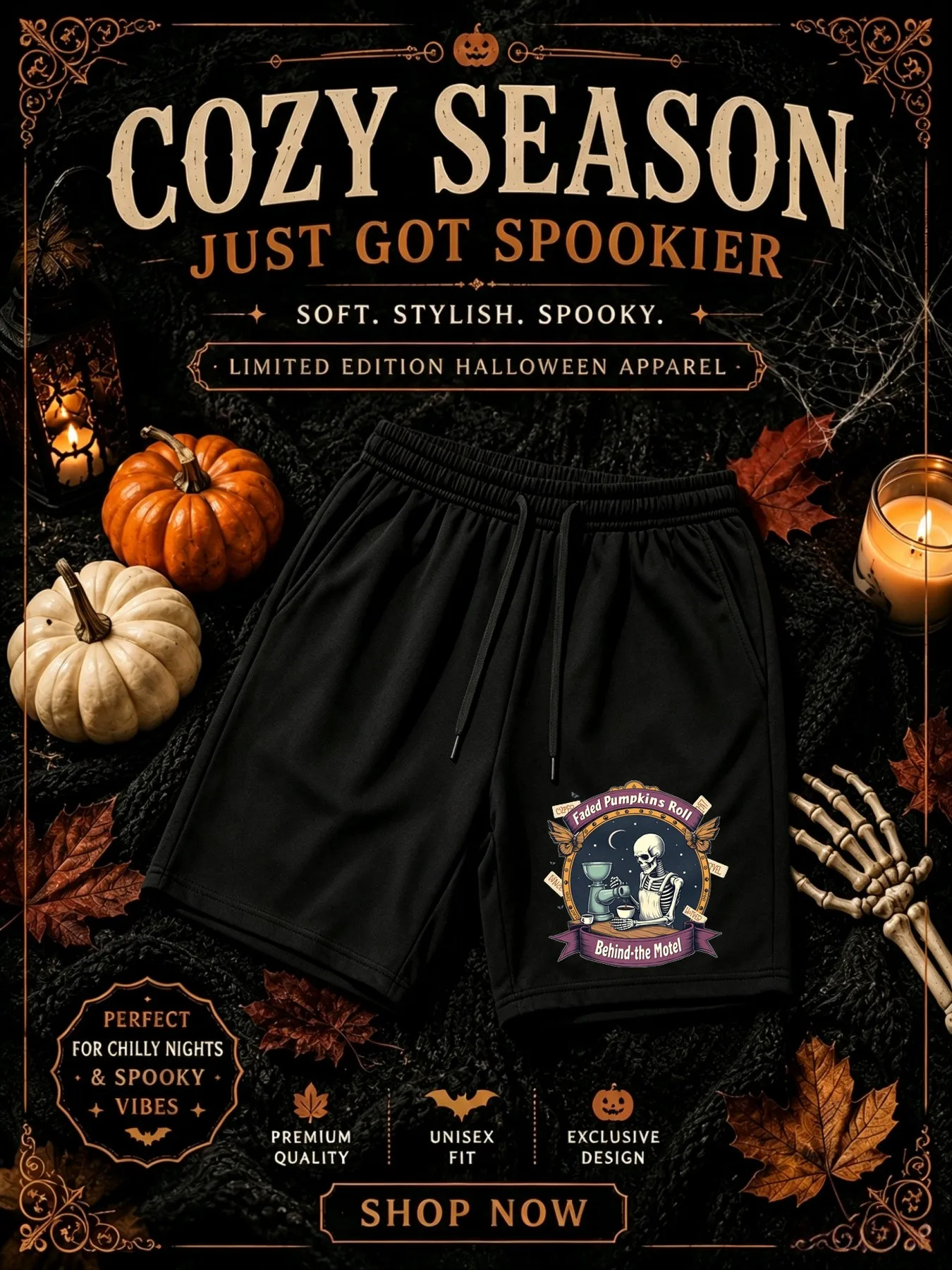 Men's Halloween shorts, skull ground coffee, faded pumpkin under the moon, rolling design behind a motel, jogging shorts