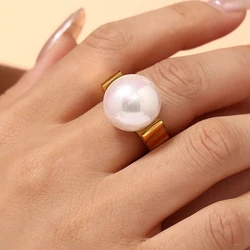 Exaggerated Big Pearl Designer Stainless Steel Rings For Women Gold Plated Ring Fashion Charm Jewelry Gift Wholesale