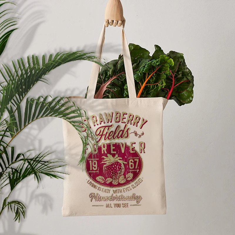 Old School Band Strawberry Fields Rock Pattern Tote Bag Best Gift for Strawberry Lover Reusable Shopping Bag Women Shoulder Bag